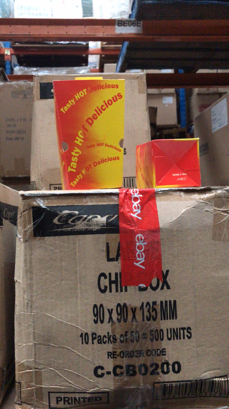 Chip Box Large 90x90x135mm - Yellow/Red withTasty Hot Delicious 500s