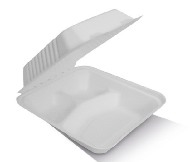 GD Sugarcane Box 8in 3 Compartments - Clamshell 203x203x58mm- White -200s